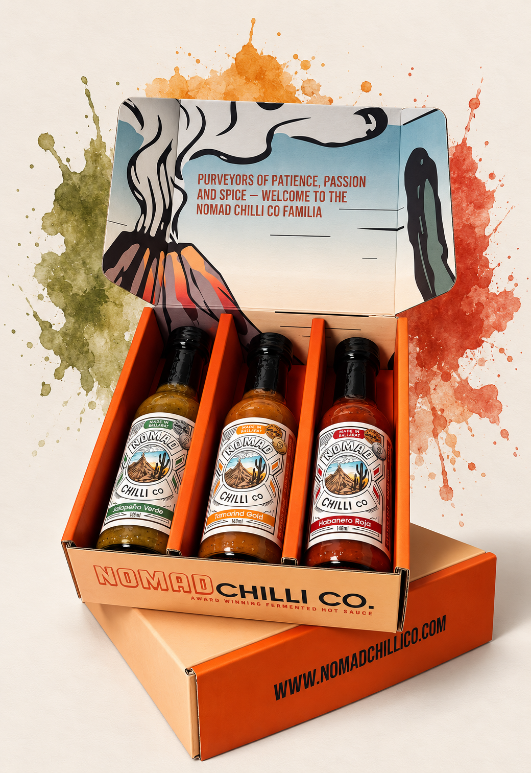 Nomad Chilli Co hot sauce trio gift pack with Jalapeño Verde, Tamarind Gold and Habanero Roja sauces