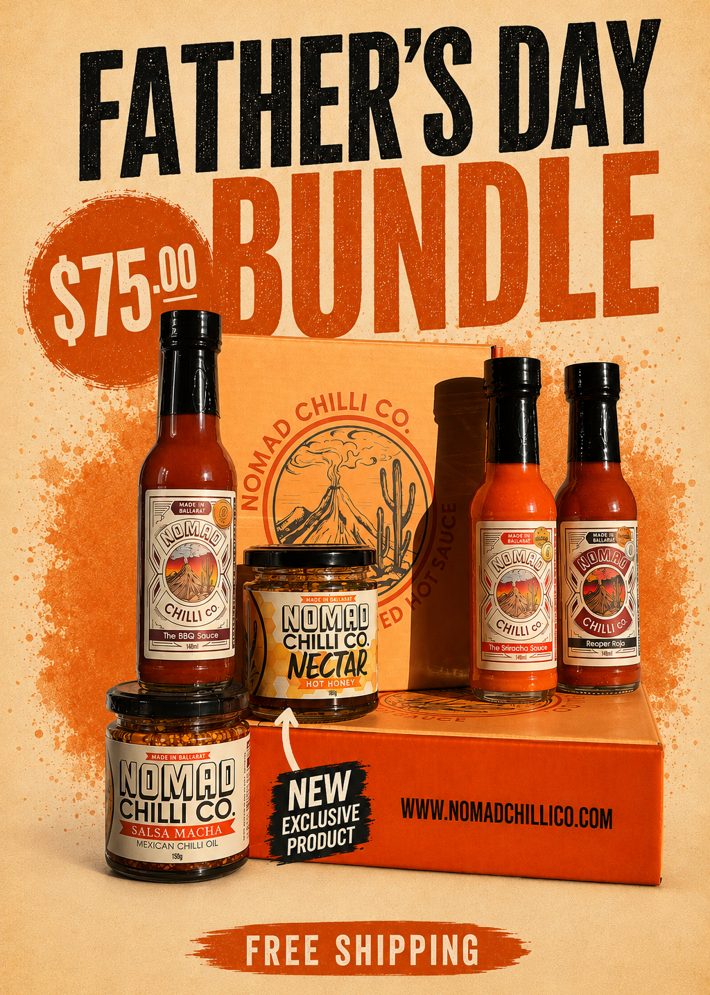 A promotional bundle graphic for a Father's Day sale showing multiple Nomad Chilli Co. hot sauce bottles and jars arranged in front of branded orange boxes on a warm beige background.