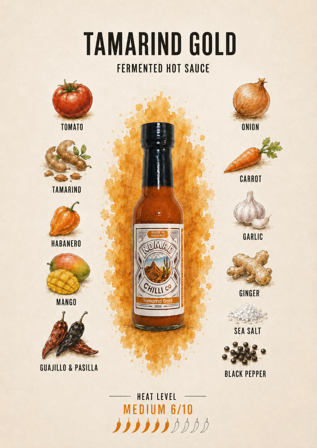 A bottle of Tamarind Gold Fermented Hot Sauce centered on a beige background with ingredient illustrations around it, including tomato, onion, tamarind, carrot, garlic, habanero, mango, ginger, chiles, sea salt, and black pepper. Text also shows heat level medium 6/10.